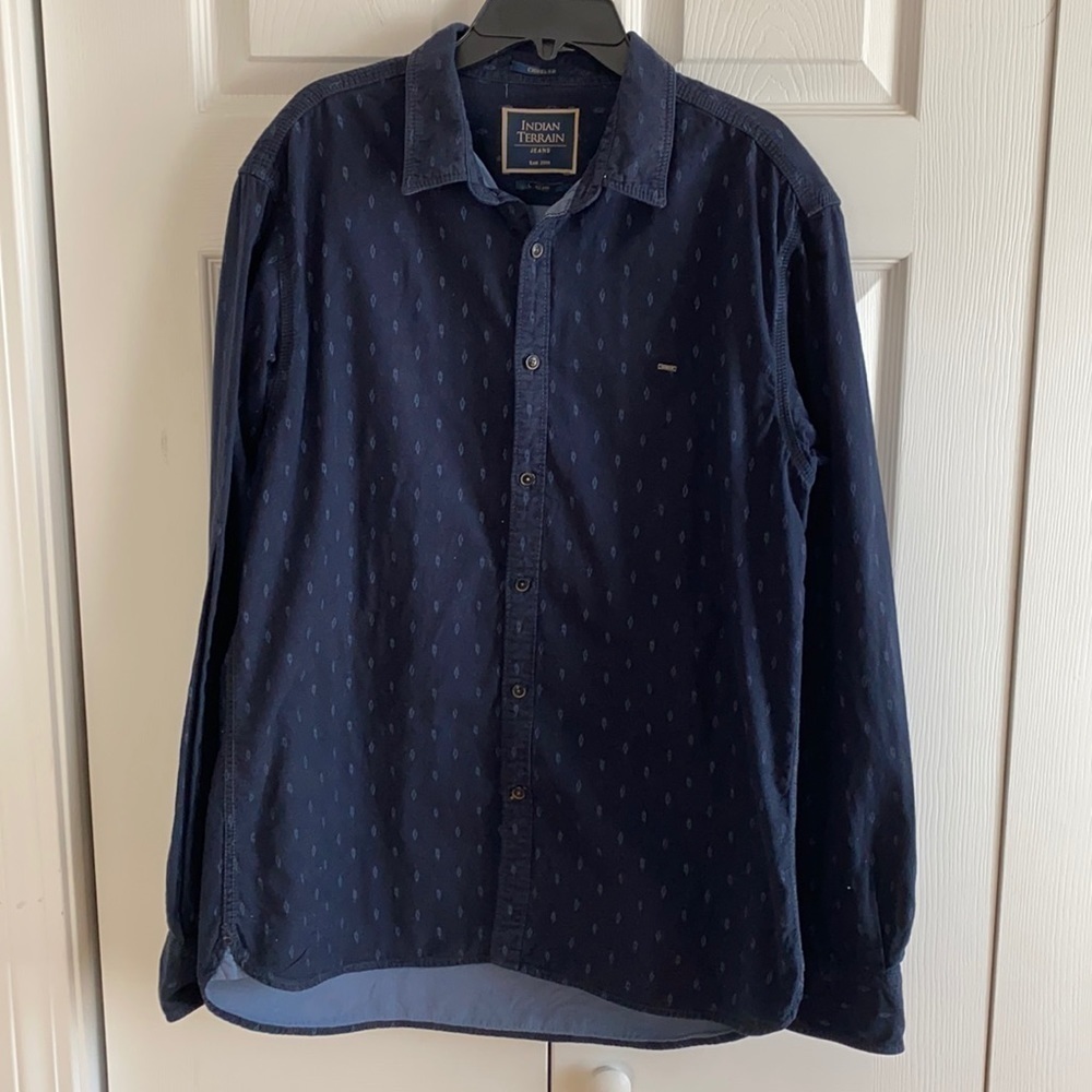 Indian Terrain Navy Blue Print Chiseled Fit Button Down Shirt Size Large 42